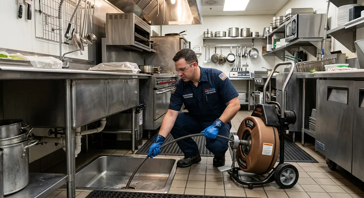 Commercial drain cleaning service in a restaurant kitchen in Dayton