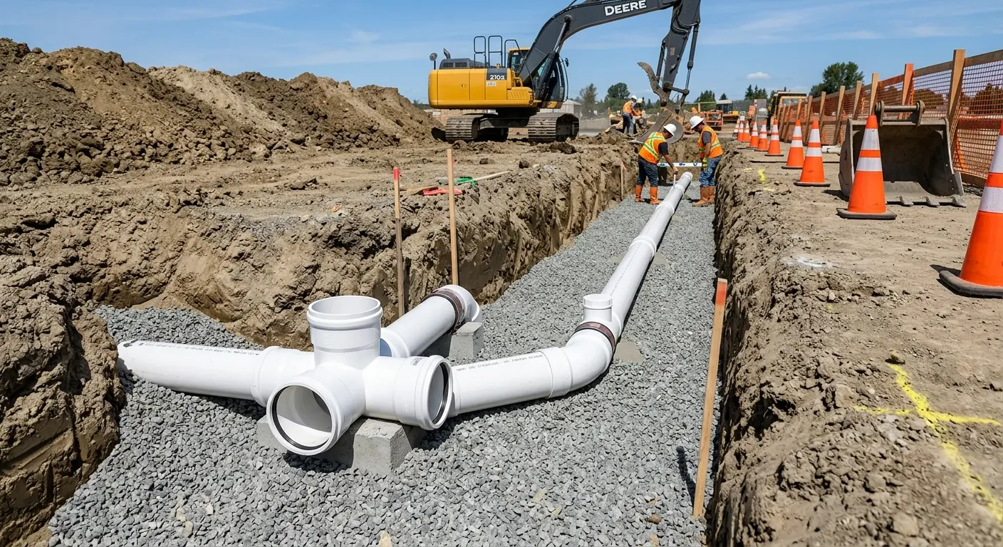 New PVC sewer pipe installation in open trench for Sewer Backup in Dayton