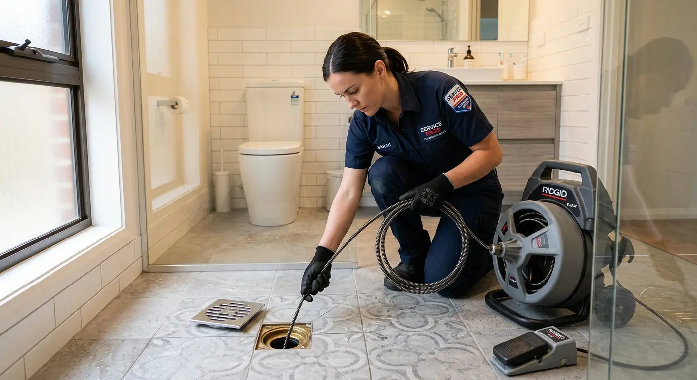 Technician clearing a bathroom floor drain for Clogged Drain Repair in Dayton